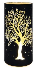 Svítící válec s motivem strom života velký, černý, 20 x 9 cm, teplá bílá, 10 LED, časovač
